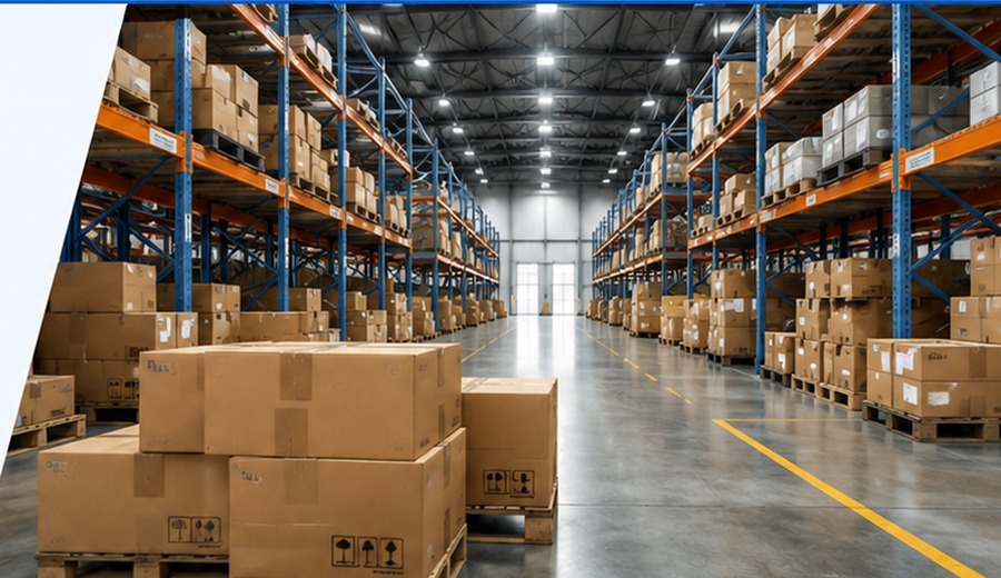 Modern warehouse with packaged goods representing global sourcing